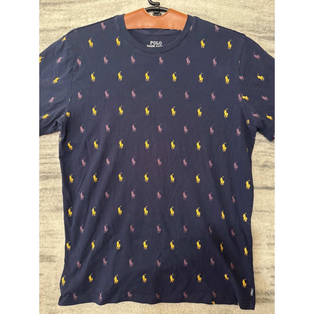 Polo Ralph Lauren Navy Blue All Over Embroidered Pony Logo T-Shirt Mens Medium
